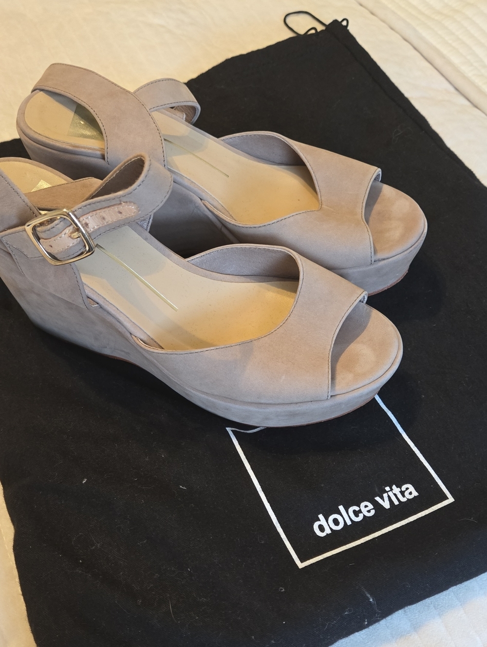 Dolce Vita Taupe Suede Platform Wedge Sandals with Buckle Strap